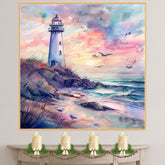 Elegant Lighthouse on Coastal Cliff with Pastel Sunset Sky and Ocean Waves in Soothing Watercolor Seaside Painting on Ready to Hang 1.5" Thick Canvas Wrap, Floating Framed Canvas, Flat Rolled Canvas
